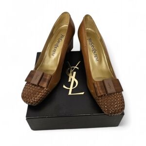 Yves Saint Laurent Woven Leather And Satin Bow Heels In Brown And Bronze Sz 6.5
